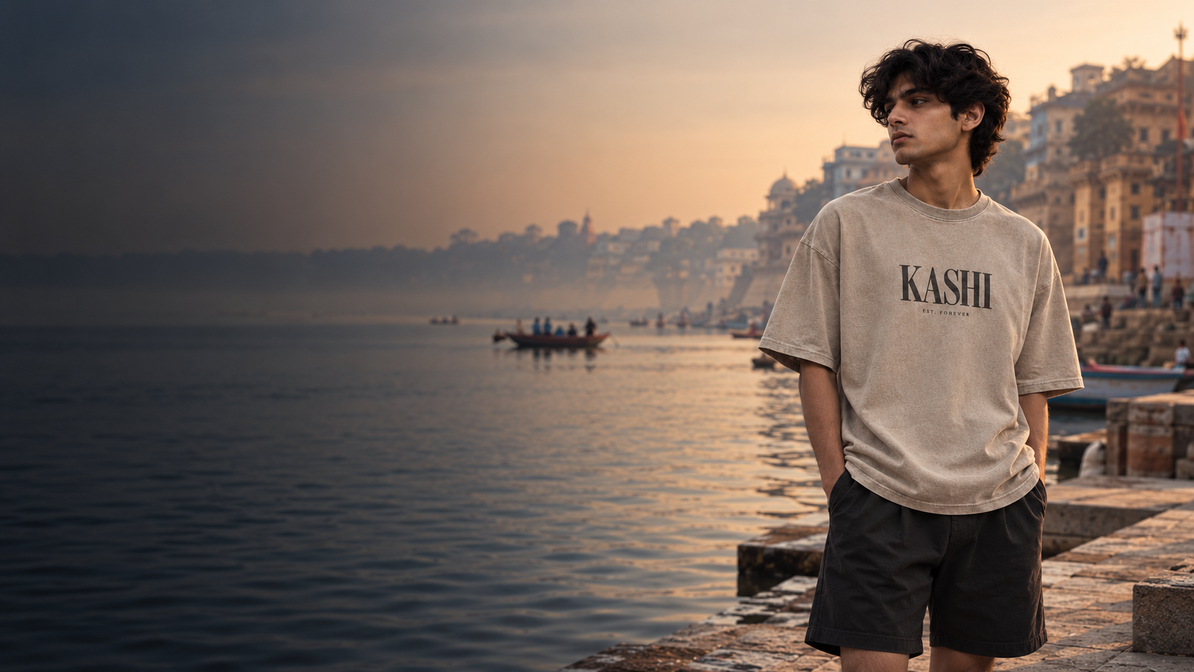 Banarasian heavyweight tees and French terry hoodie in a sunlit stone colonnade