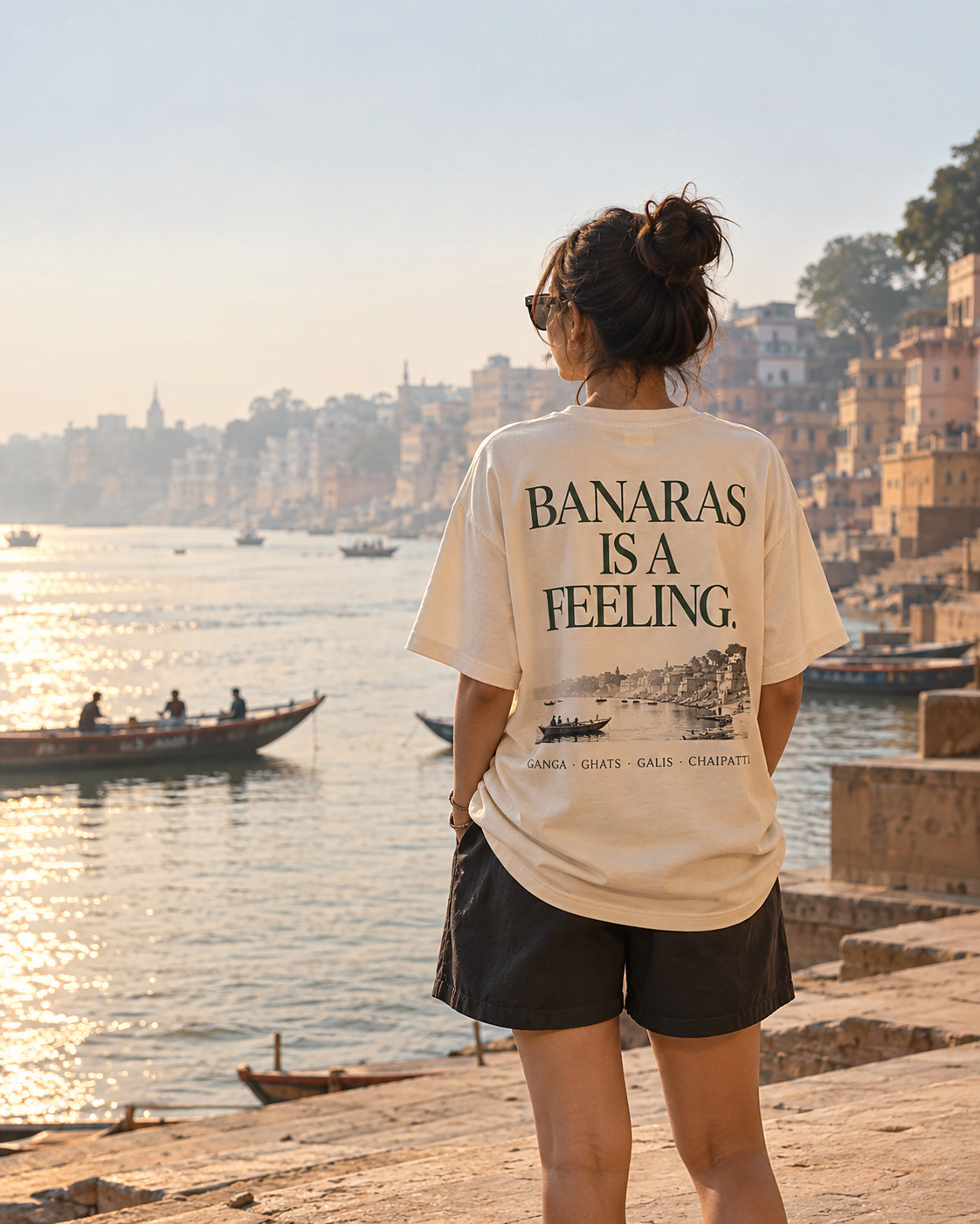 Heavyweight 240 GSM navy tee worn on a Varanasi street